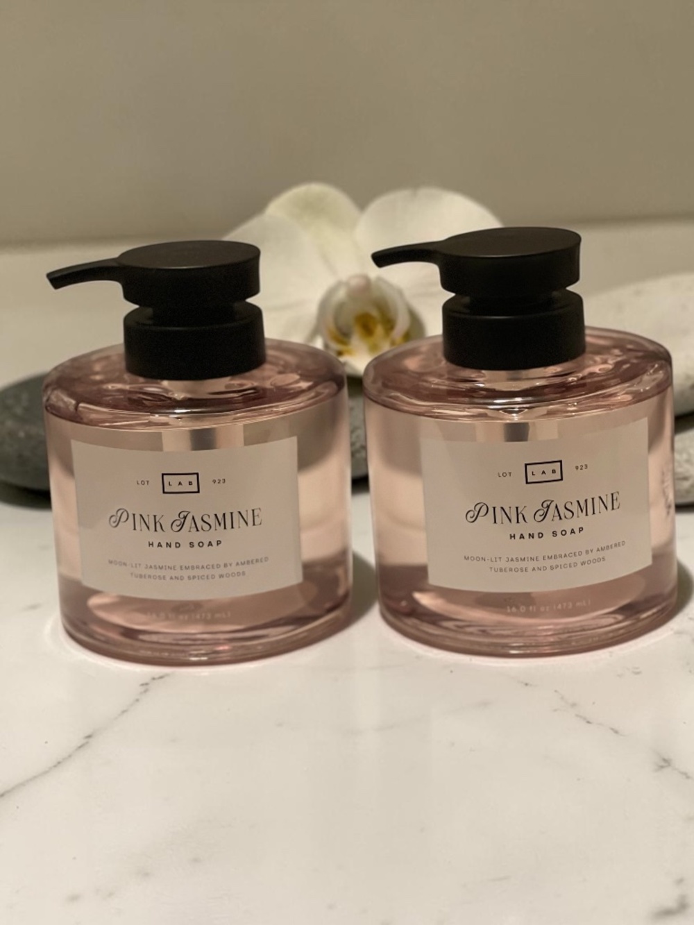 Luxury Hand Soap Set ✨ LAB Pink Jasmine Tinted Glass Black Pump 2 Pack
